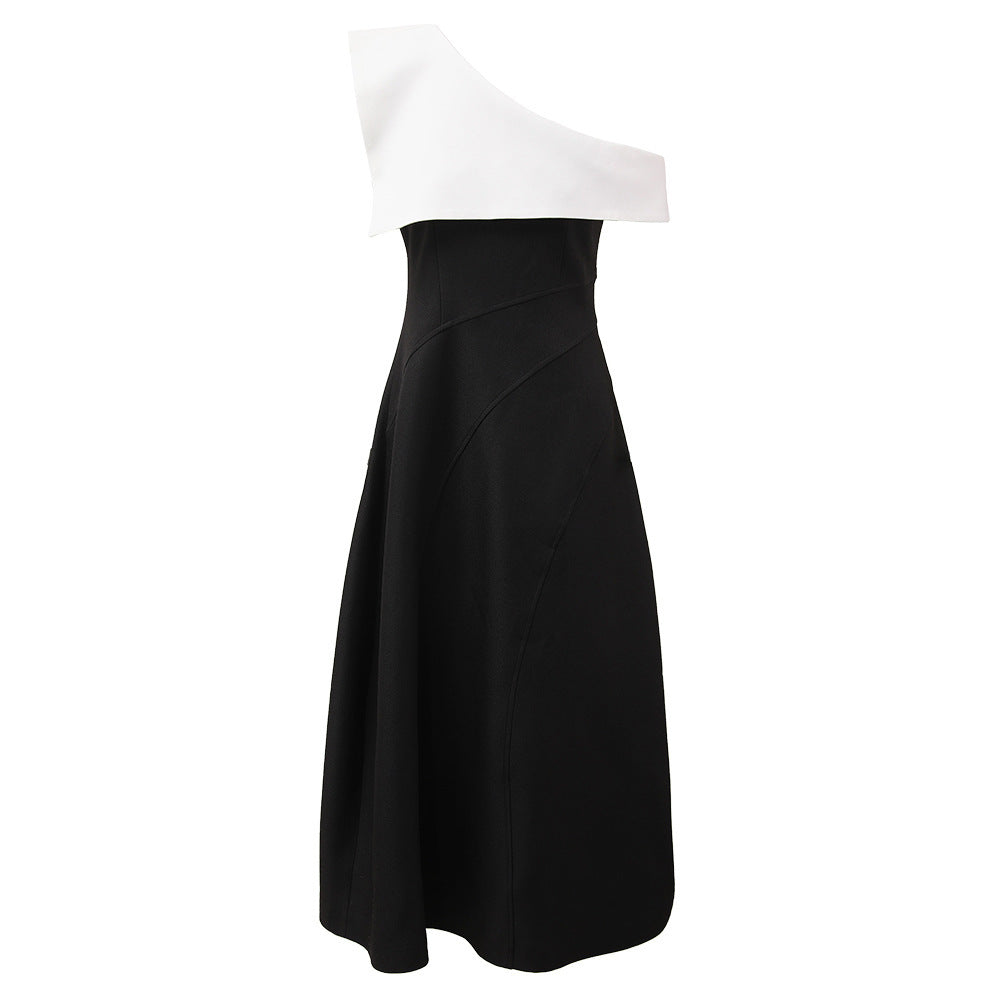 Niche Classic Black And White Off-shoulder Dress