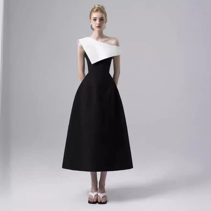 Niche Classic Black And White Off-shoulder Dress